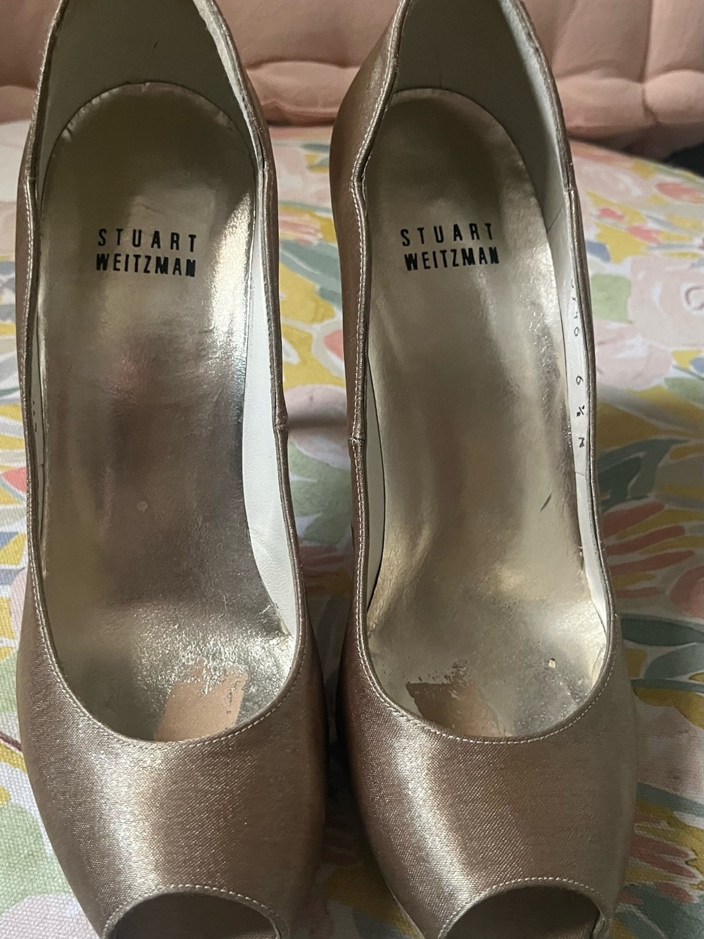 Stuart Weitzman Champagne Satin Peep-Toe Heels